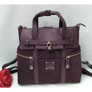 Henri Bendel Jesetter Purple Canvas Leather Trim Top Handle Zipper Backpack